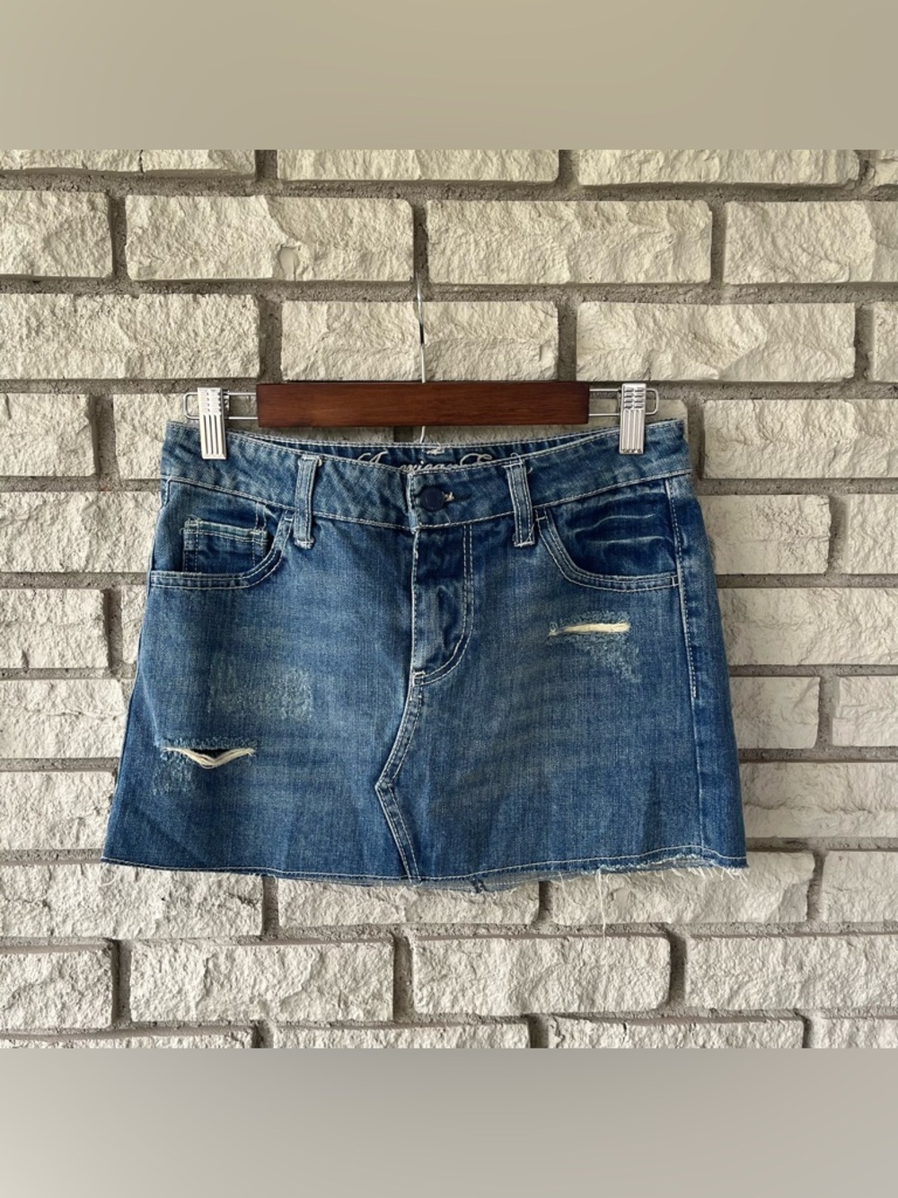 American Eagle Outfitters  Medium Wash Distressed Denim Mini Skirt Size 2
